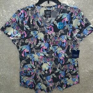 Cherokee Uniform Medical Scrubs Top Women M  Animals Elephants Zebras Giraffes